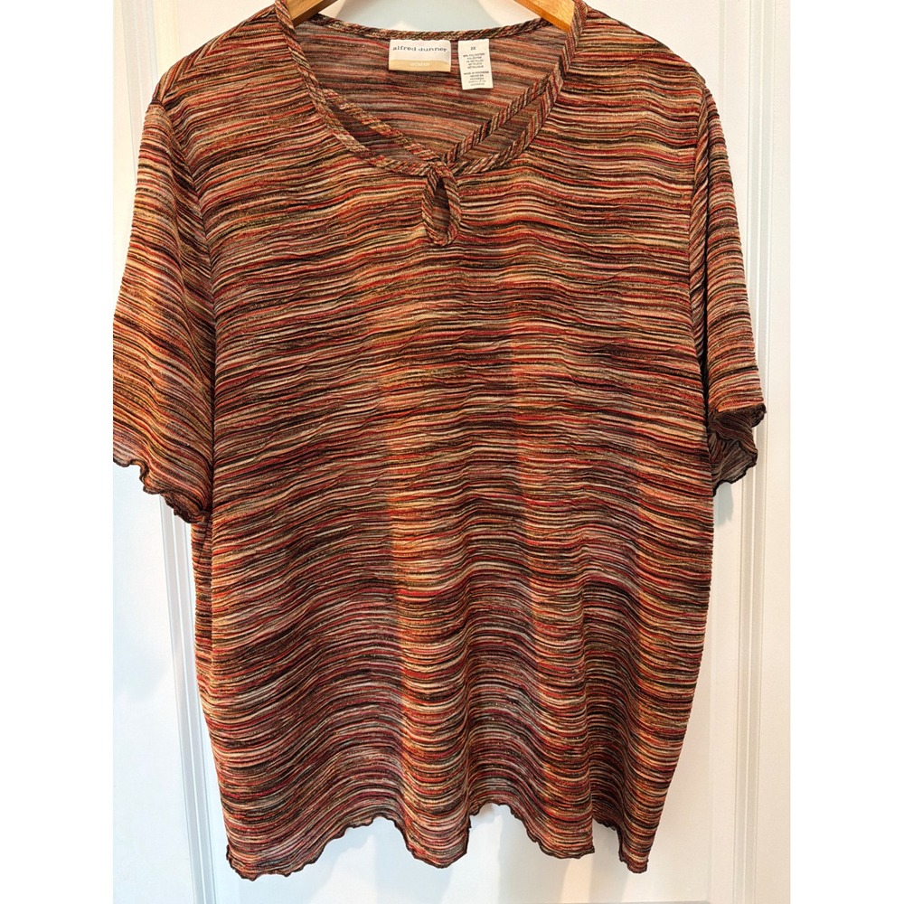 Alfred Dunner Woman 2X Metallic Stripe Short Sleeve Keyhole Top Red Orange Gold